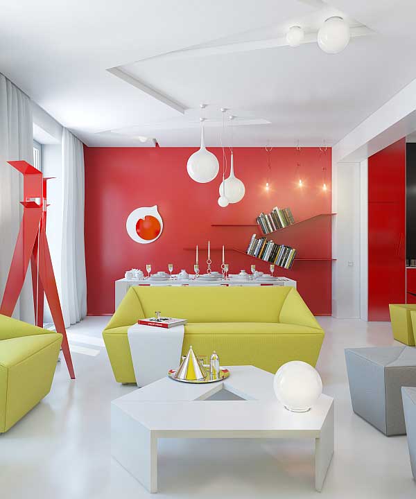sala moderna vermelha amarelo nesta foto, por outro lado, o vermelho e o amarelo aparecem misturados com muito branco, criando um espaço moderno, o que se percebe até mesmo pelo estilo de sofás e mesas