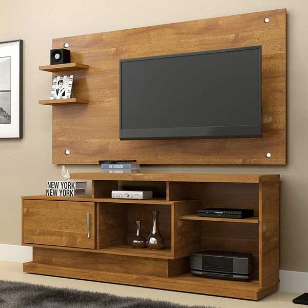 rack com painel marrom com painel e nichos na cor marrom clara
