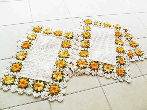 branco amarelo verde bonito Tapetes em crochê floral branco e amarelo