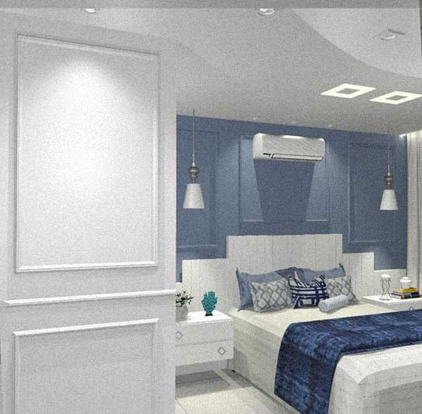 Boiserie azul e branca de gesso no quarto masculino