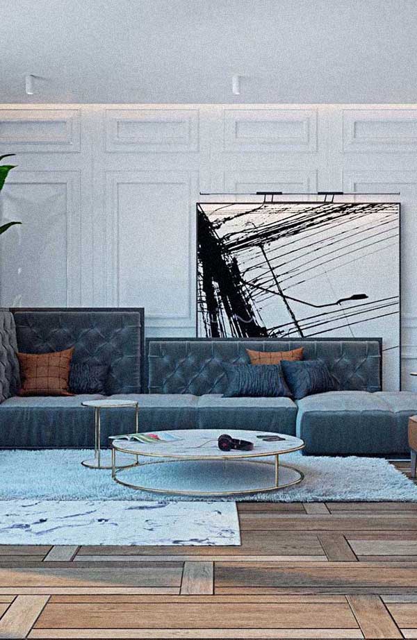 Boiserie de gesso em tom claro para sala de luxo