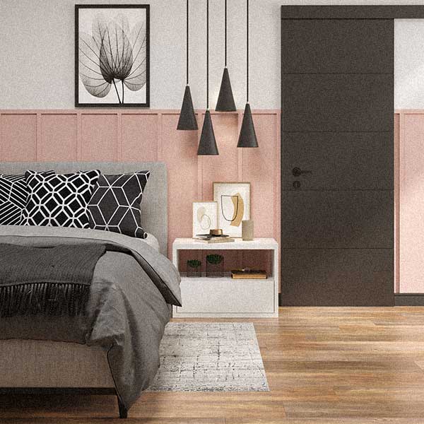 Boiserie de madeira retangular e rosa em quarto feminino moderno
