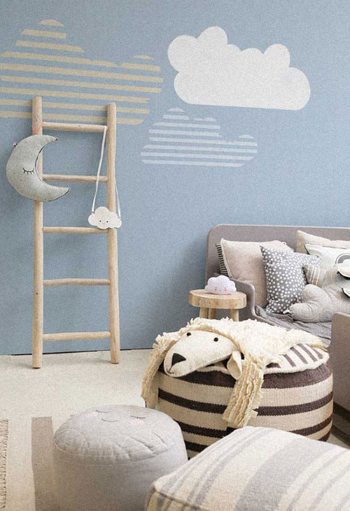 de nuvem Adesivos e papel de parede de nuvem no quarto branco, cinza e azul ficam bem bonitos e trazem conforto