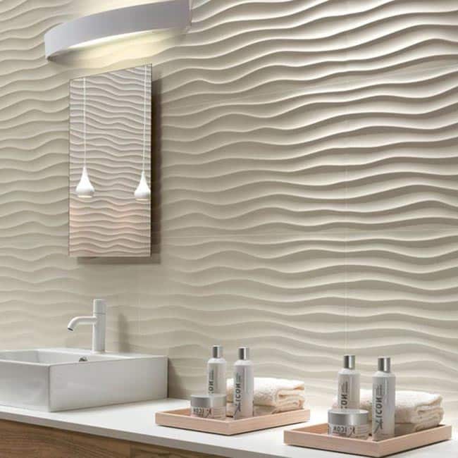 Revestimento em 3D branco para banheiro.