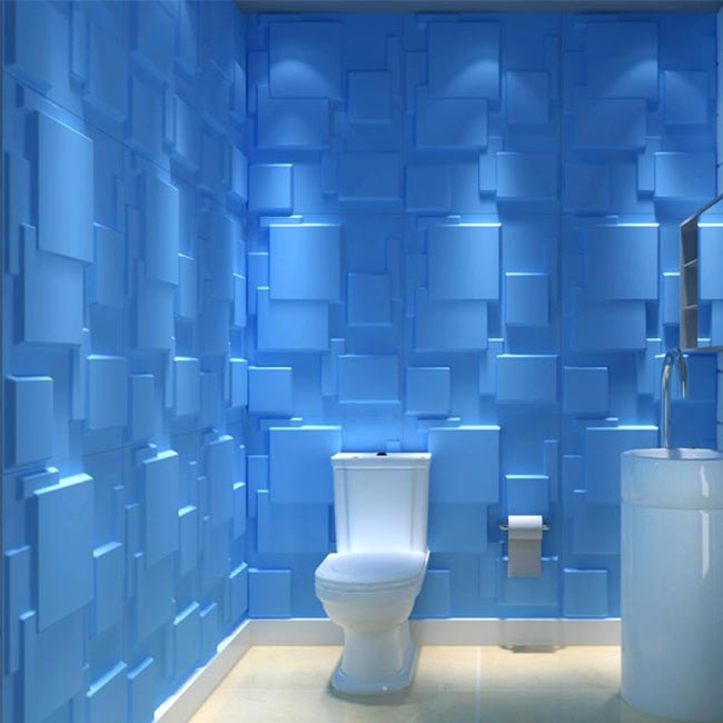 Revestimento em 3D azul para banheiro.